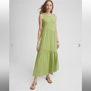 Chicos Green Asymmetrical Tiered Midi Dress Size 3